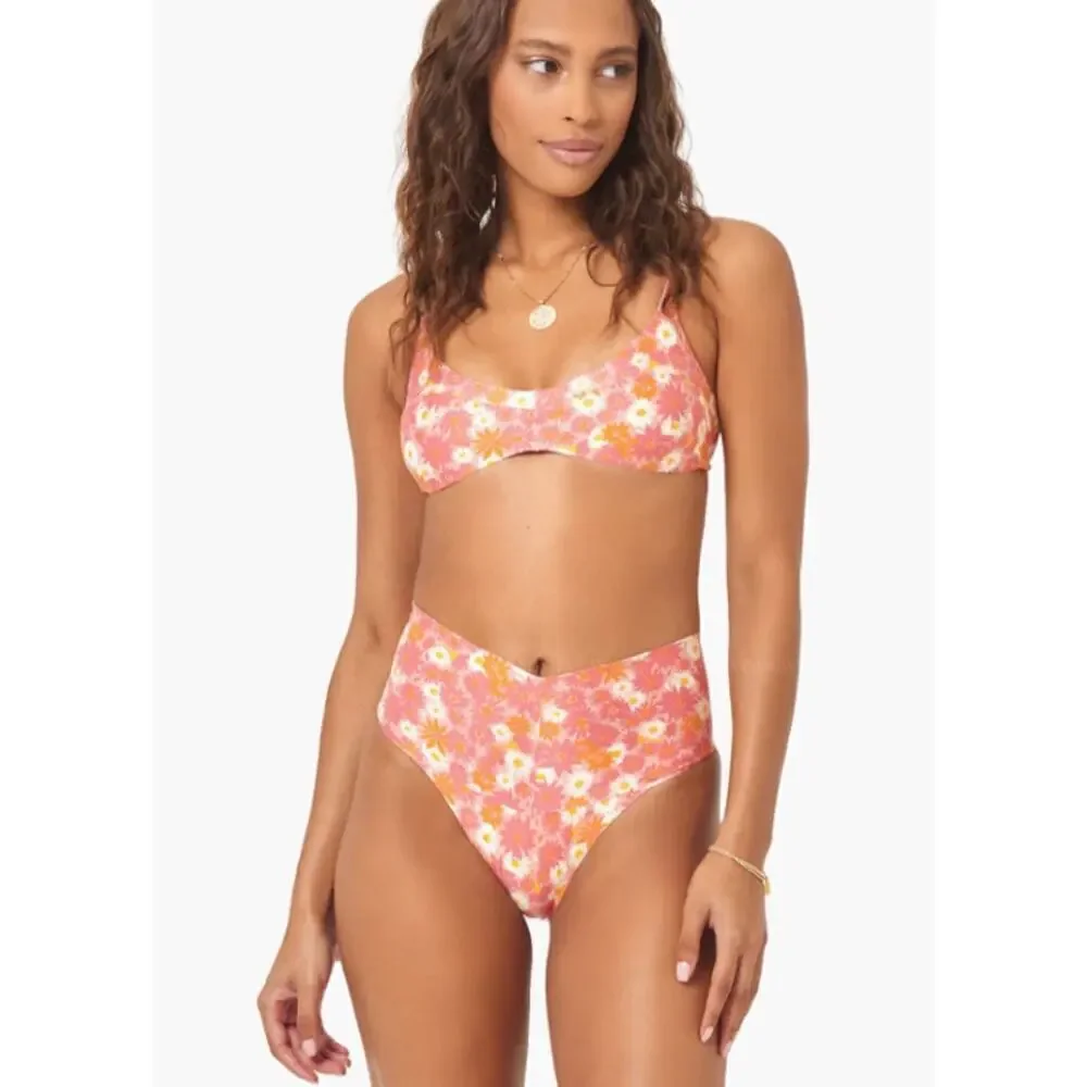 L*Space Fused Ry Bikini Bottoms Size XS Daisy Printed High Waist Pink Orange NEW